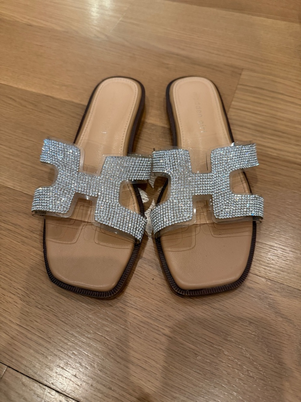 Madden Girl Crystal H-Front Slide Sandals in Nude and Silver